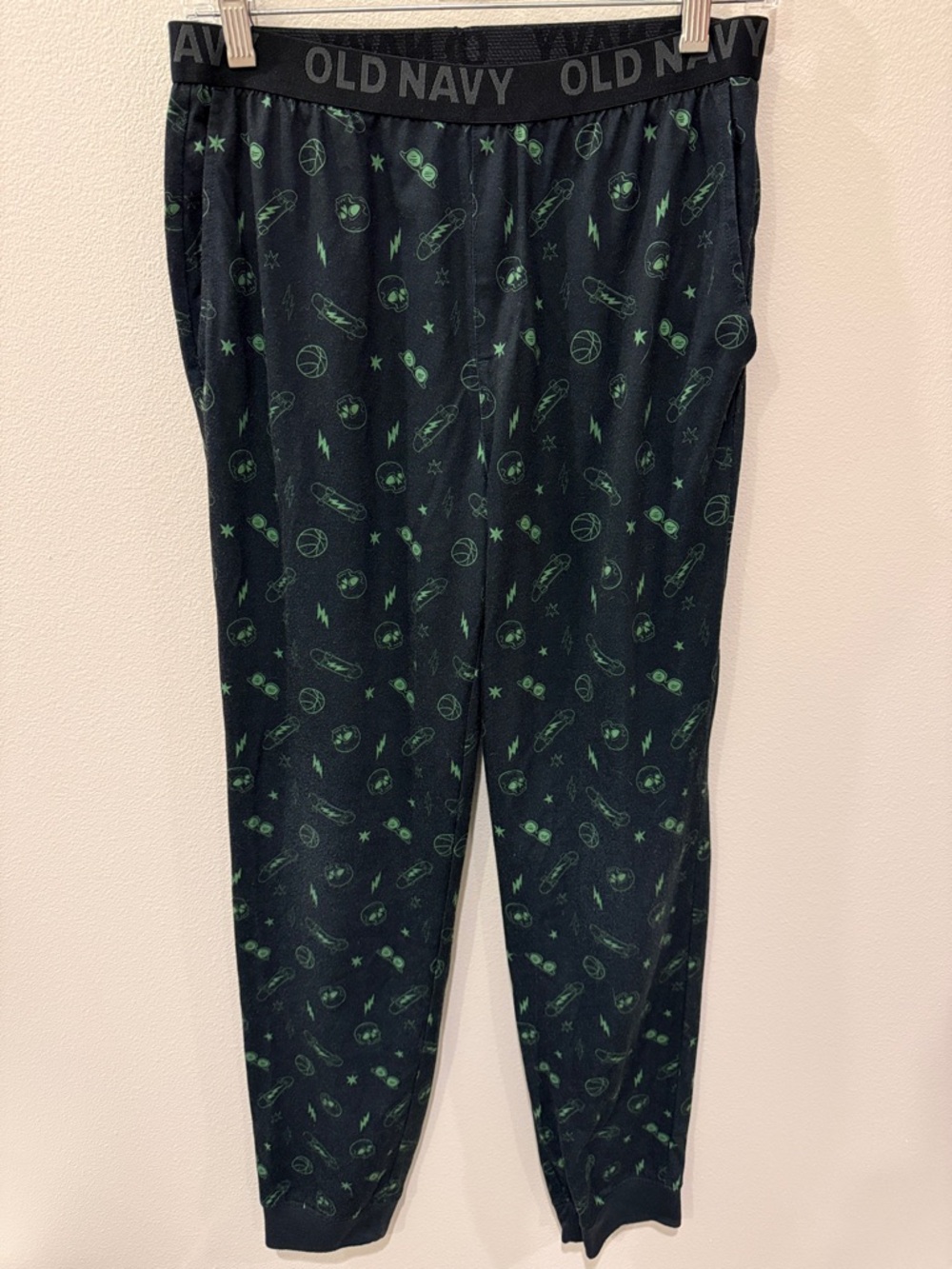 Old Navy Black Joggers Pajama Pants with Green Space Print